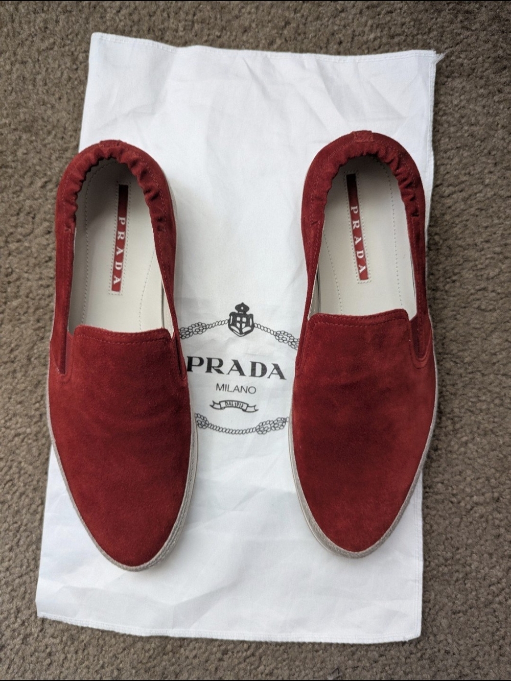 Prada Saint Tropez SuedeEspadrille Slip-On Sneakers in a burgundy or red color - Picture 3 of 8